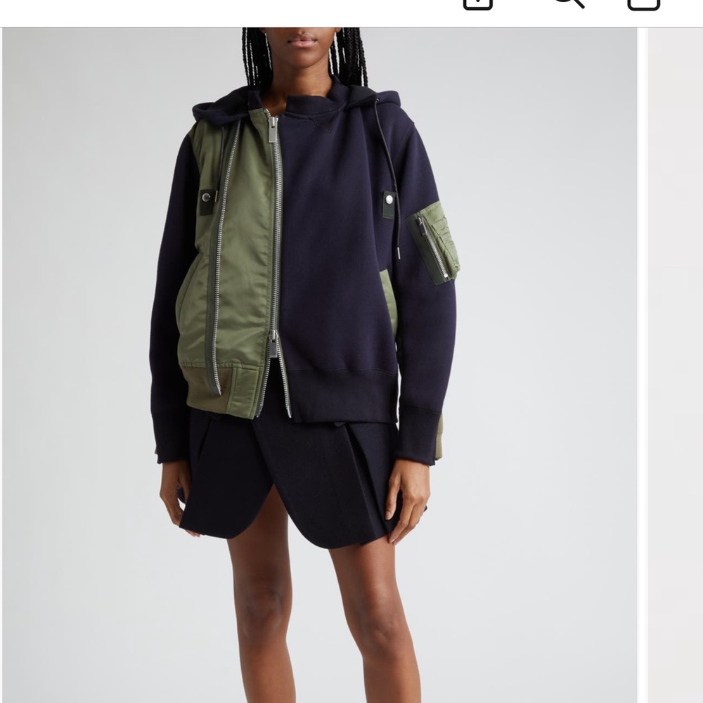 NWT Sacai Nylon Cotton Zip Hoodie Jacket Khaki Navy Blue Size 4 Large